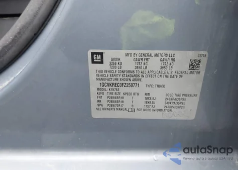 2015 Chevrolet Silverado 1500 2Lt из США, поврежденный, VIN 1GCVKREC0FZ250771